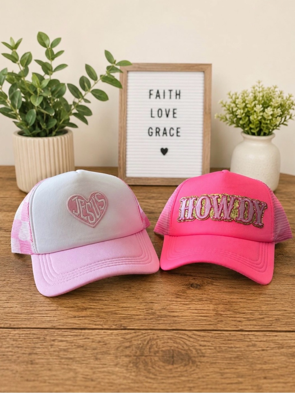 Pink Checkered 'Jesus' & Hot Pink 'Howdy' Trucker Hats - Set of 2